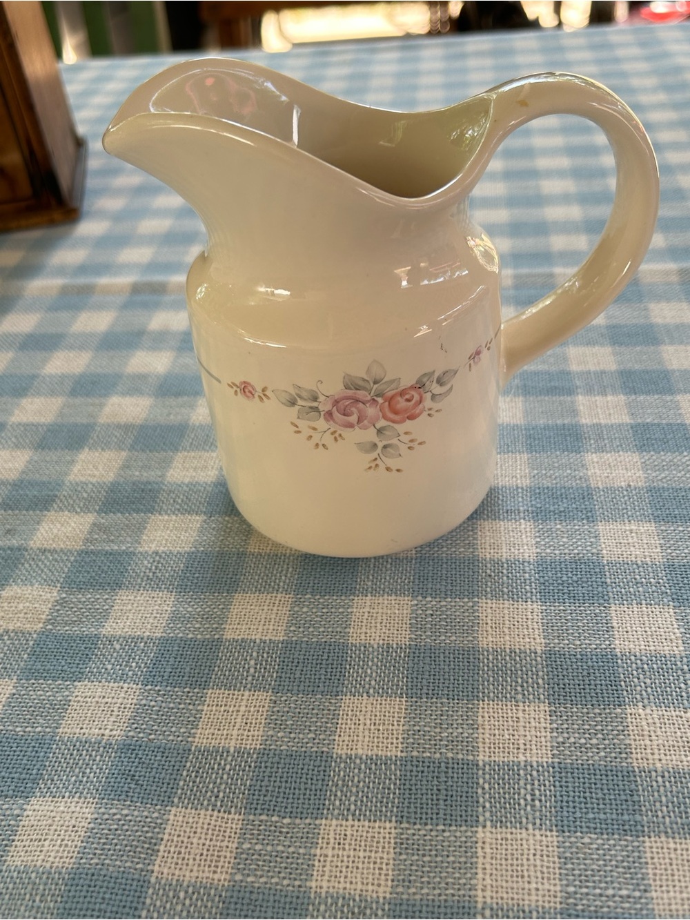 Pfaltzgraff White Ceramic Pitcher with Pink Rose and Green Leaf Motif